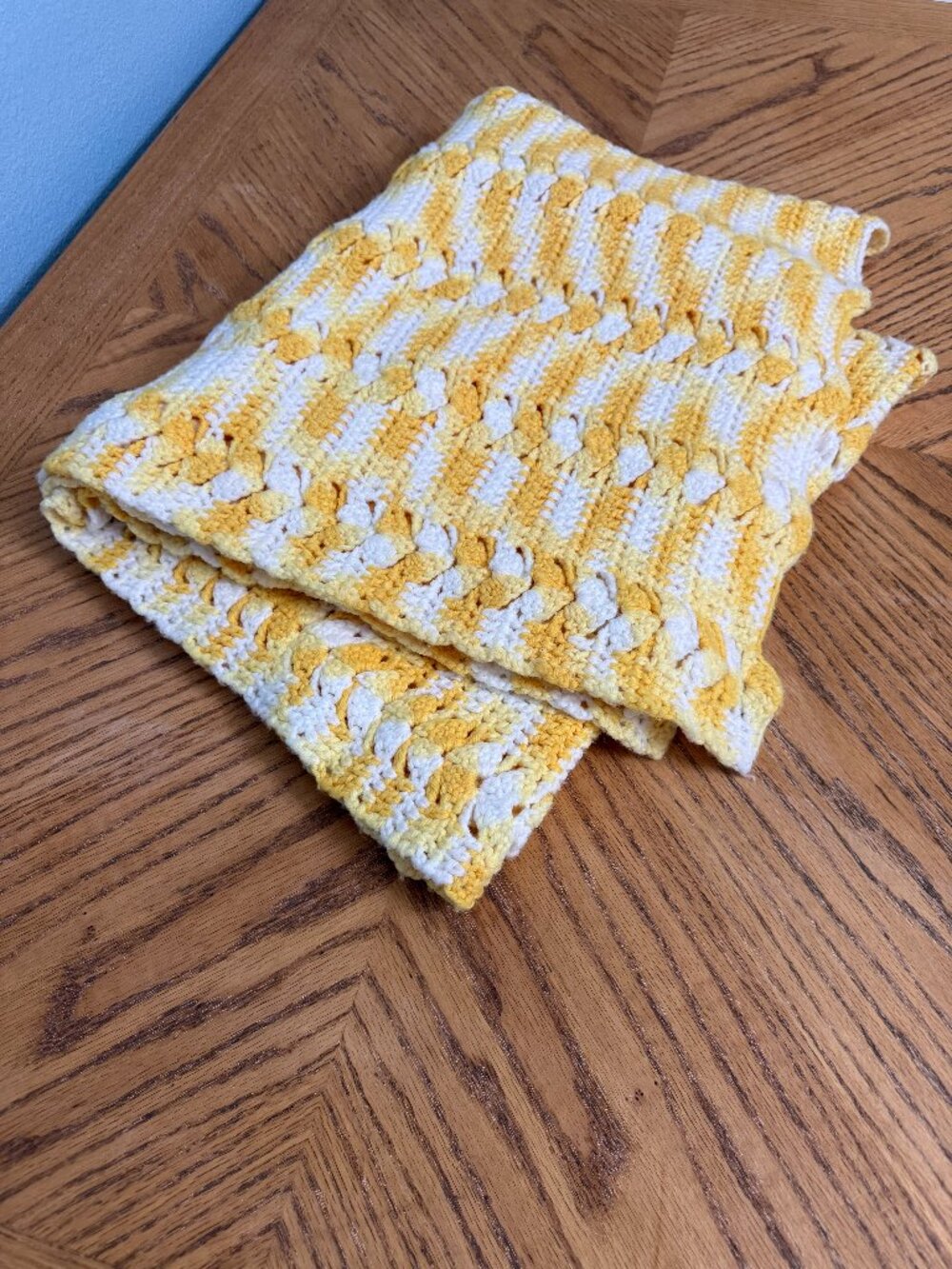 Crochet Afghan Blanket Handmade Yellow and White Shell Wavy Pattern
